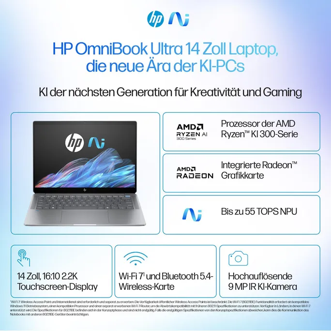 HP OmniBook Ultra 14" 2,2k Touchscreen Ryzen AI 9 HX 365 16GB/1TB SSD Windows 11 Home - 14-fd0094ng Copilot+PC – Bild 2