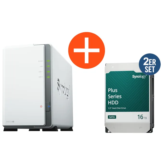 Synology DS223j NAS System 2-Bay 32 TB inkl. 2x 16 TB Synology HDD HAT3310-16T