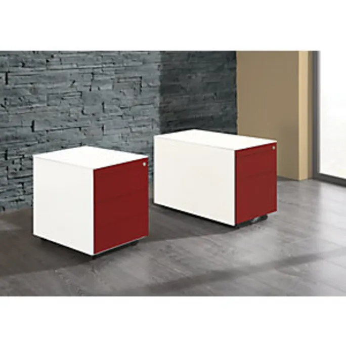Schubladencontainer mit Rollen, 570x600mm, Stahlplatte, 3 Schubladen, weiß/rot – Bild 3