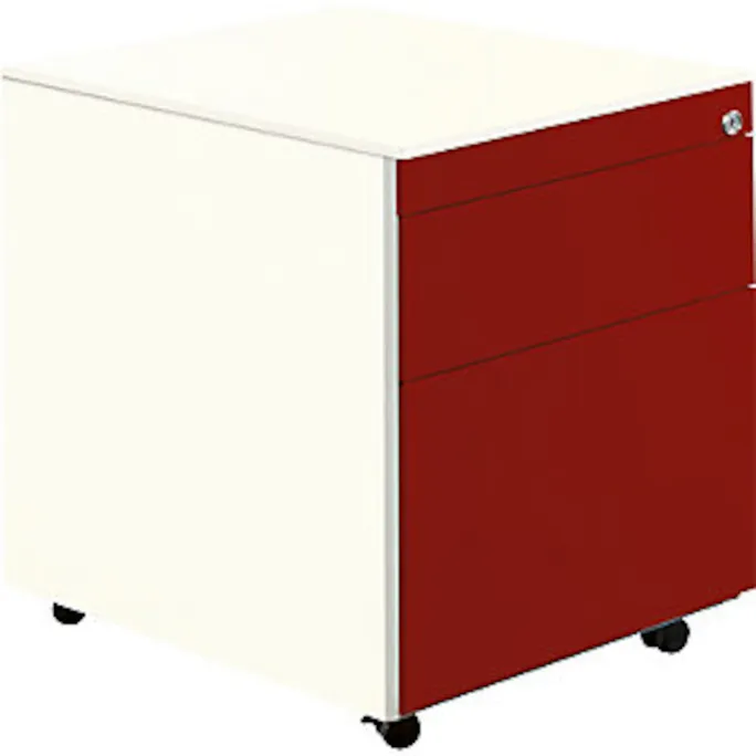 Schubladencontainer m. Rollen, 570x600mm, 1 Materialschub, 1 Hängereg., weiß/rot