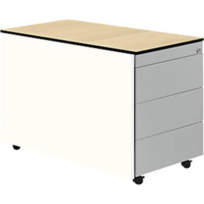 Schubladencontainer m.Rollen, 573x800, HPL-Vollkernpl., 3 Schubl.,weiß/alu/Ahorn