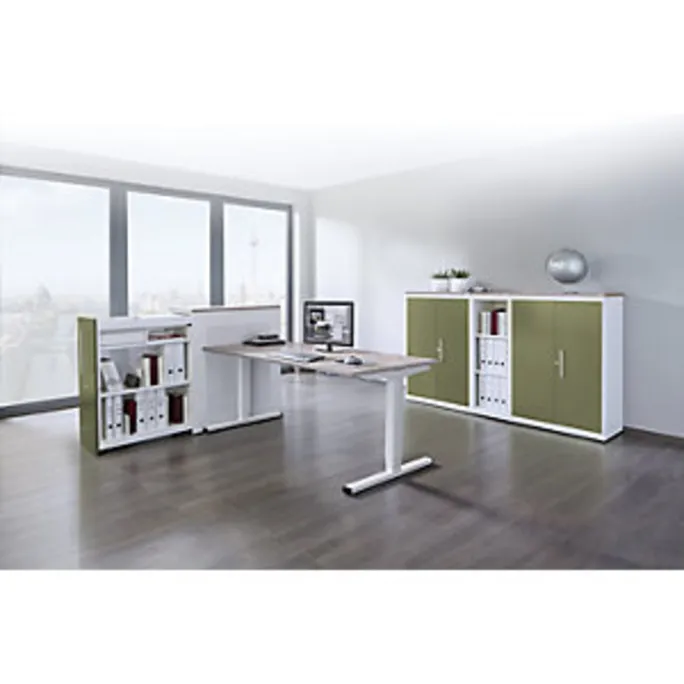 Hochauszugschrank, Thekenelement links stehend, H 1025 mm, reinweiß / schilfgrün – Bild 2