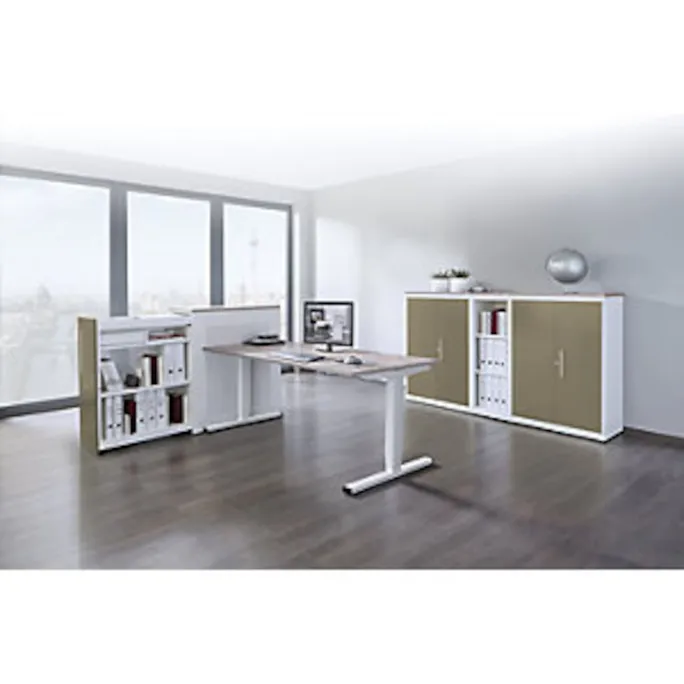 Hochauszugschrank, Thekenelement links stehend, H 1025 mm, reinweiß / beigegrau – Bild 2